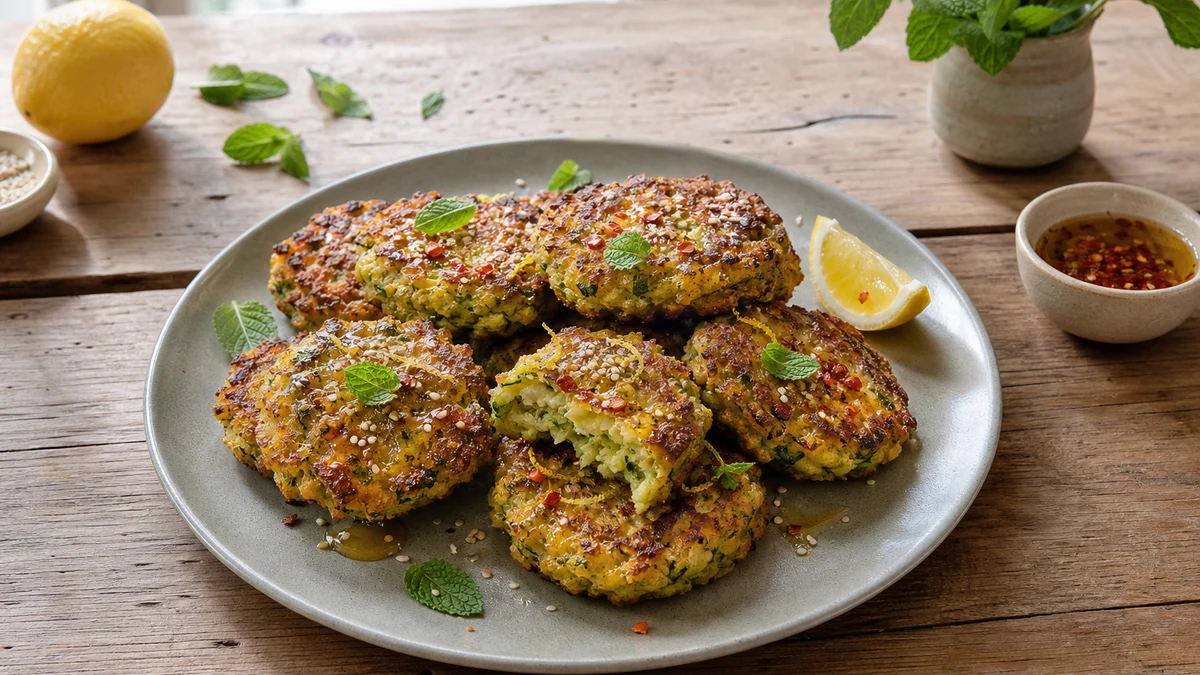 Gyldne squashdeller med halloumi, sesam, mynte og et let dryp chilihonning