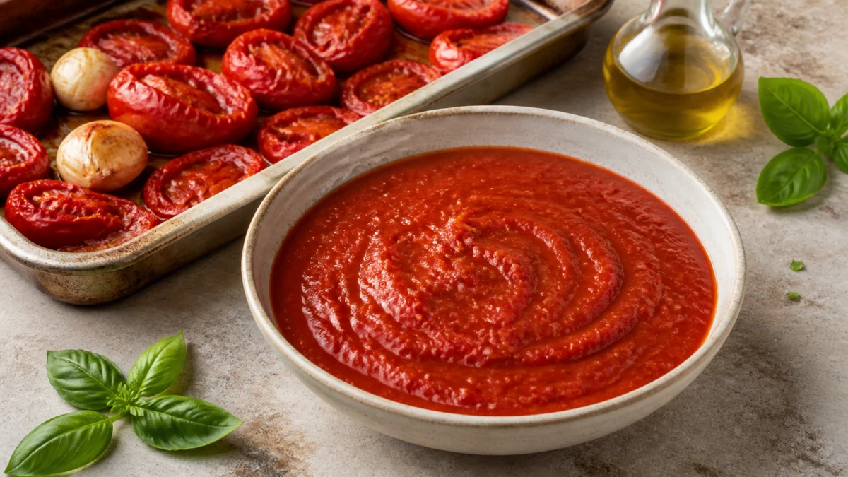 Skål med glat rød tomatsauce omgivet af ovnbagte tomater, hvidløg og basilikum