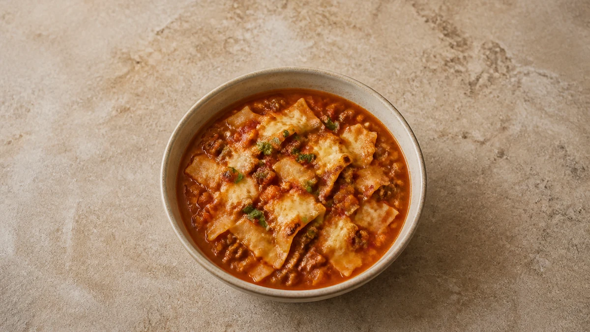 Lasagnesuppe med hakket oksekød, pastastykker og gyldent lag af mascarpone og parmesan