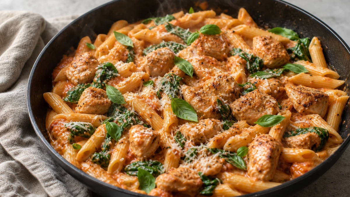 Cremet penne med brunet kylling, tomat, spinat, parmesan og basilikum i en bred pande