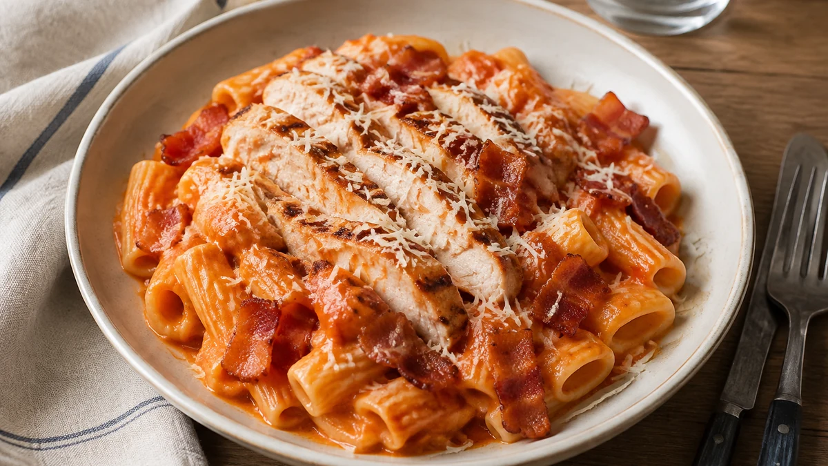 Rigatoni i cremet tomatsauce med grillet kylling, sprød bacon og revet parmesan