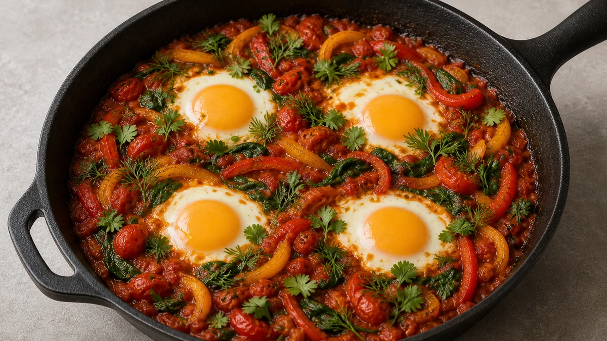 Shakshuka i mørk pande med æg, rød og gul peberfrugt, spinat, koriander og dild