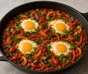 Shakshuka i mørk pande med æg, rød og gul peberfrugt, spinat, koriander og dild