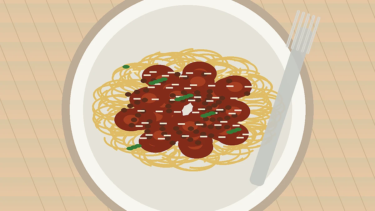 Spaghetti med bolognesesauce, parmesan og friske basilikumblade