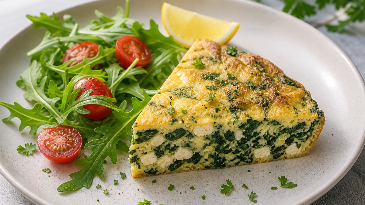 Skiver af spinat-feta-frittata serveret med rucola, cherrytomater og hakket kruspersille