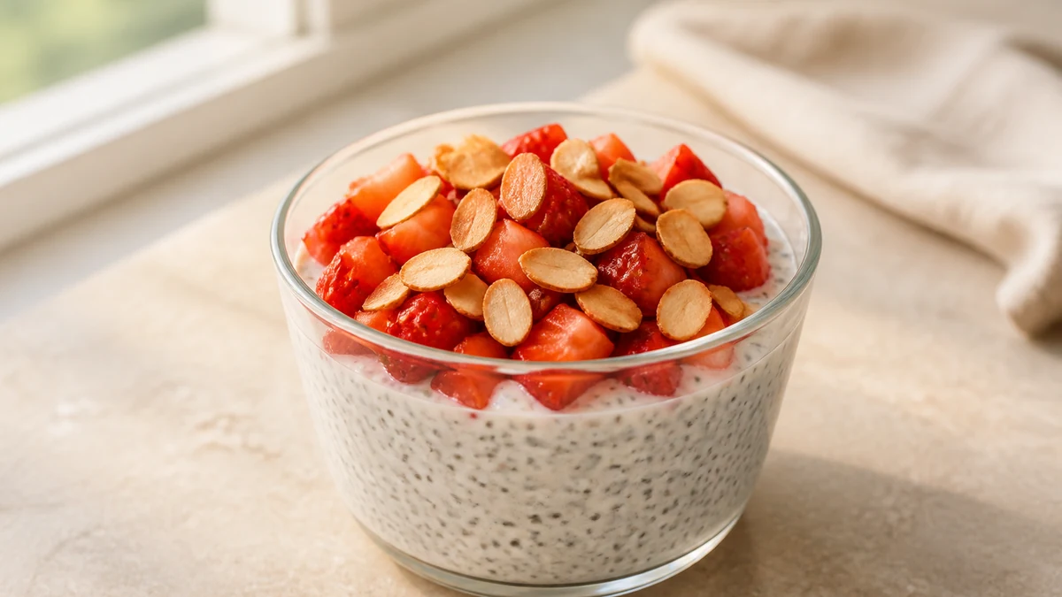 Chia- og yoghurtbudding i et glas med hakkede jordbær og ristede mandelflager