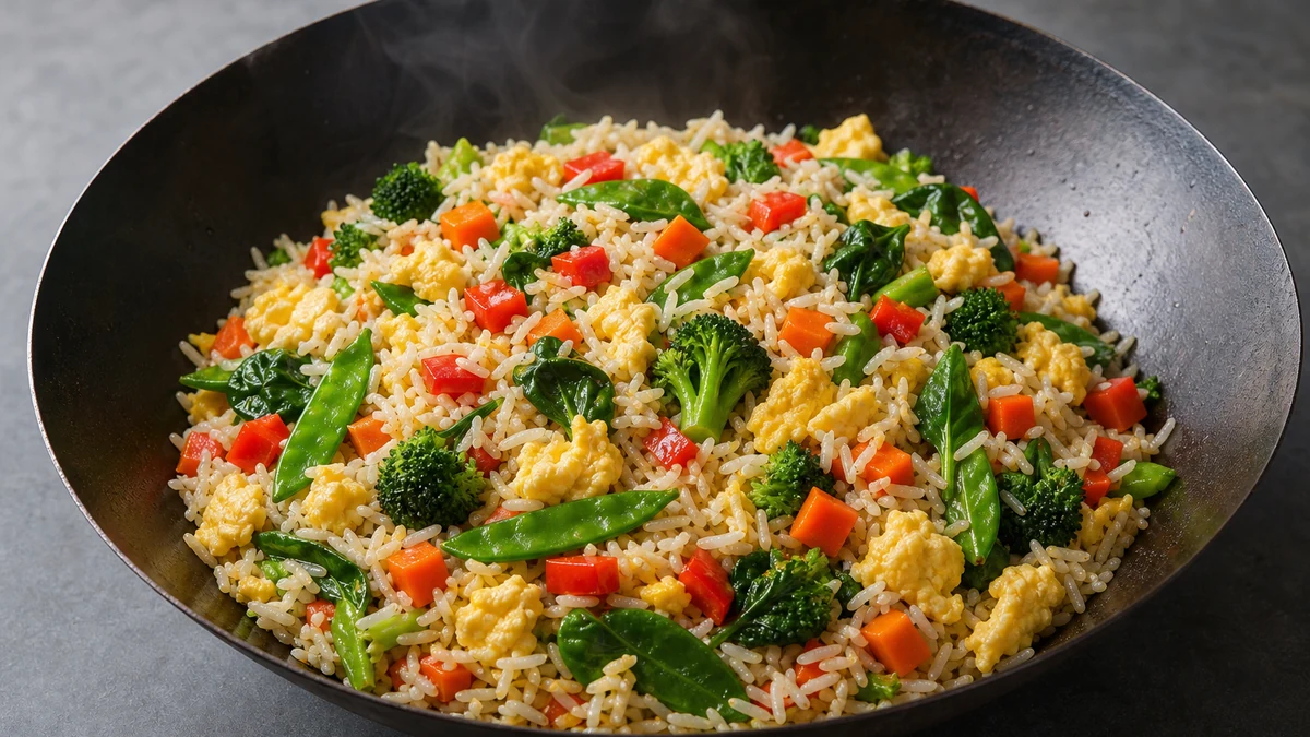 Mørk pande med stegte ris, stykker af æg, spinat, broccoli, rød peberfrugt, gulerod og sukkerærter