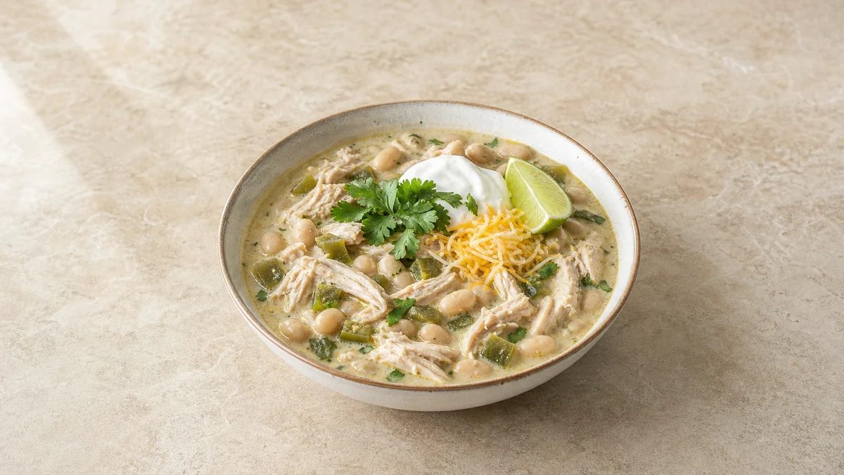 Hvid kyllingechili med hvide bønner, grøn peberfrugt, cremefraiche, cheddar, koriander, lime og tortillachips
